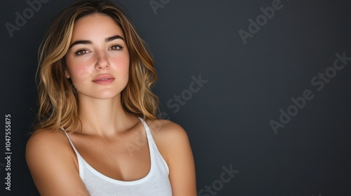 Beautiful woman in white t-shirt Women's breasts dark light background
