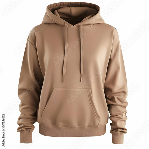 A stylish beige hoodie with a front pocket and drawstrings, perfect for casual wear.