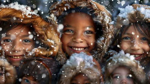 Joyful children bundled in colorful hooded parkas, smiling brightly as they peek out playfully, delicate snowflakes landing on their fur-trimmed hoods in a winter wonderland.