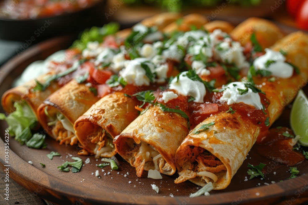 A plate of flautas, crispy rolled tortillas filled with shredded chicken, topped with lettuce, sour cream, queso fresco, and a drizzle of red sauce A plate of flautas, crispy rolled tortillas filled with shredded chicken, topped with lettuce, sour cream, queso fresco, and a drizzle of red sauce