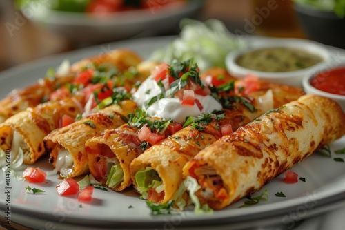 A plate of flautas, crispy rolled tortillas filled with shredded chicken, topped with lettuce, sour cream, queso fresco, and a drizzle of red sauce