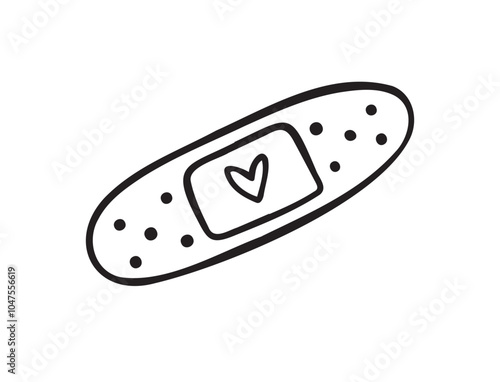 Hand drawn aid band plaster with heart care isolated on white background. doodle outline style