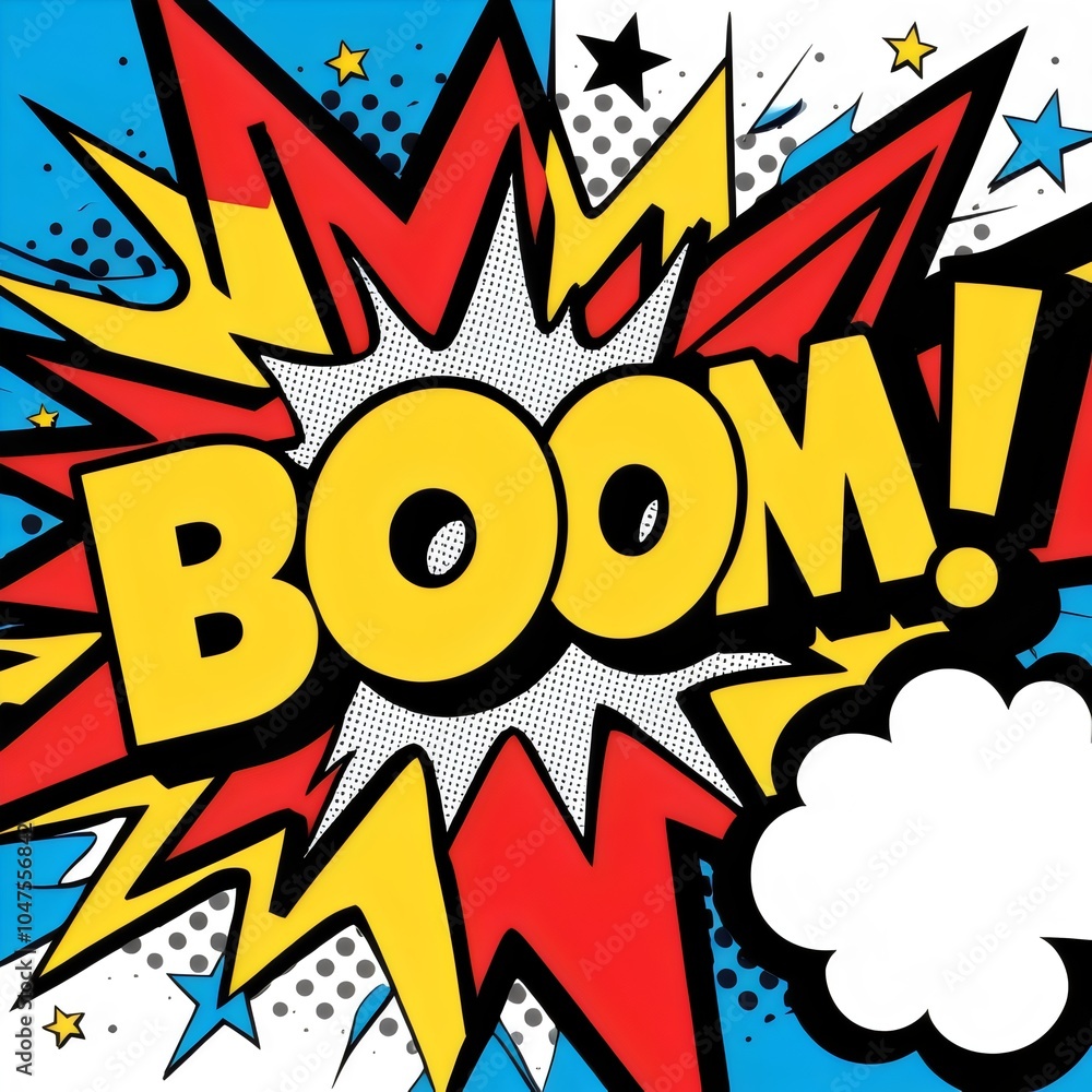 Fototapeta premium Comic Book Style “BOOM!” Graphic with Red and Yellow Burst Pattern. Dynamic and Energetic Pop Art Design