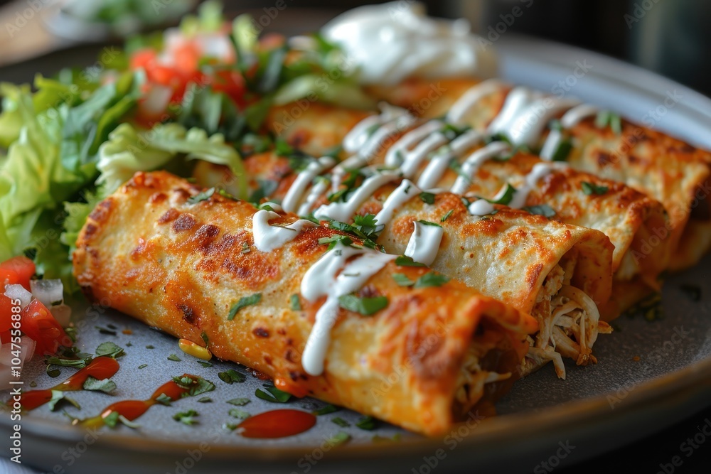 A plate of flautas, crispy rolled tortillas filled with shredded chicken, topped with lettuce, sour cream, queso fresco, and a drizzle of red sauce A plate of flautas, crispy rolled tortillas filled with shredded chicken, topped with lettuce, sour cream, queso fresco, and a drizzle of red sauce