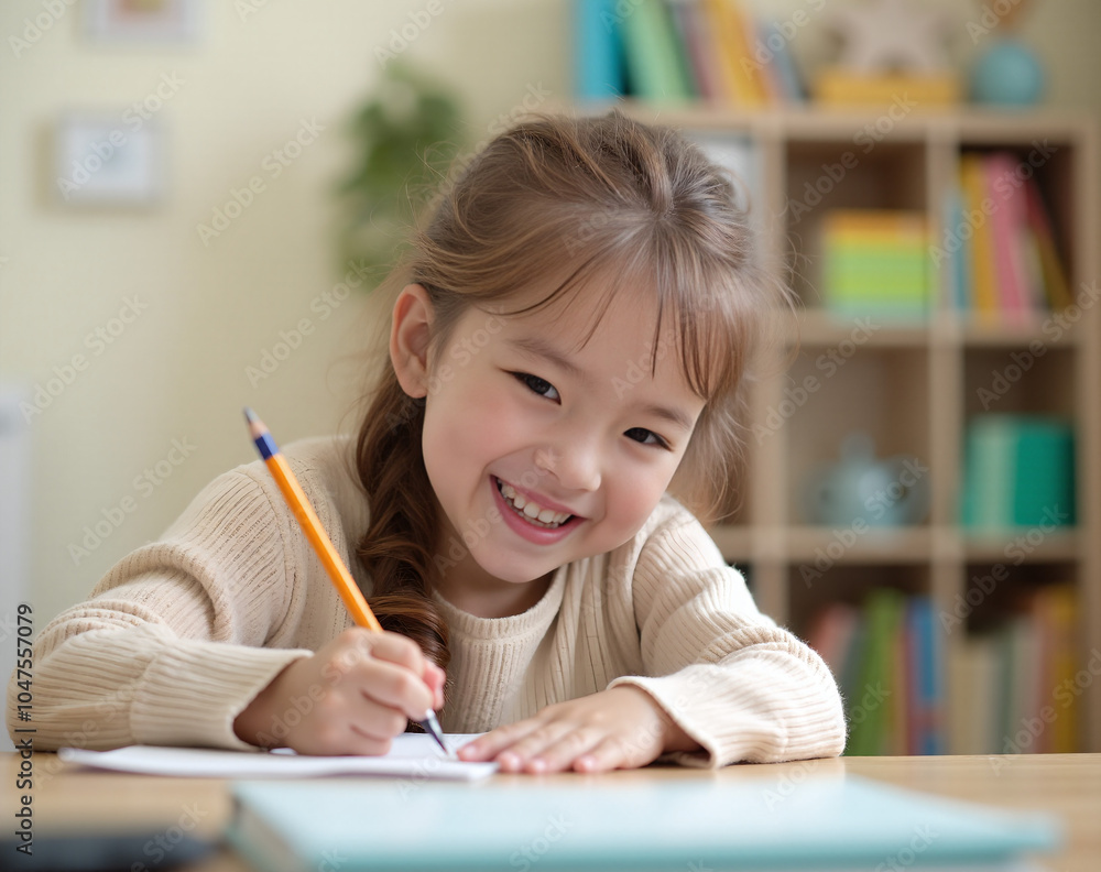 little girl smiling, writing with pencil in notebook on the desk, studying . little girl smiling, writing with pencil in notebook on the desk, studying .