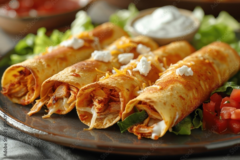 A plate of flautas, crispy rolled tortillas filled with shredded chicken, topped with lettuce, sour cream, queso fresco, and a drizzle of red sauce A plate of flautas, crispy rolled tortillas filled with shredded chicken, topped with lettuce, sour cream, queso fresco, and a drizzle of red sauce