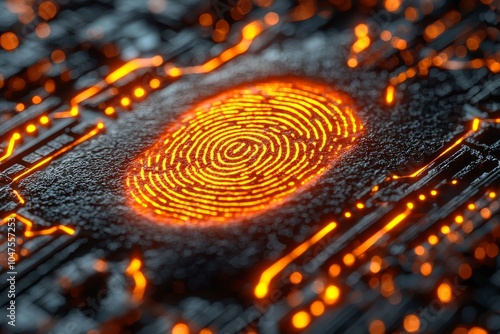 Digital fingerprint scanner with orange glow on technological surface representing advanced biometric security systems