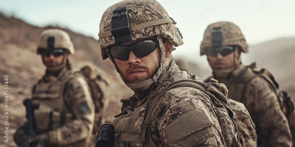 Fototapeta premium Three soldiers in desert camouflage gear conducting a mission in a sunny and arid landscape during the day.