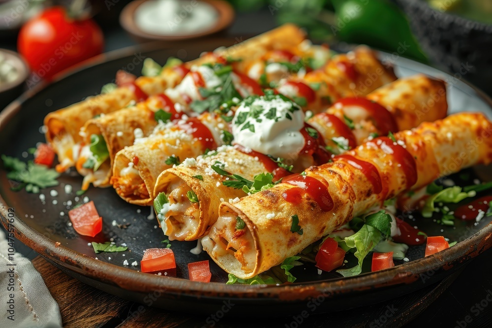 A plate of flautas, crispy rolled tortillas filled with shredded chicken, topped with lettuce, sour cream, queso fresco, and a drizzle of red sauce