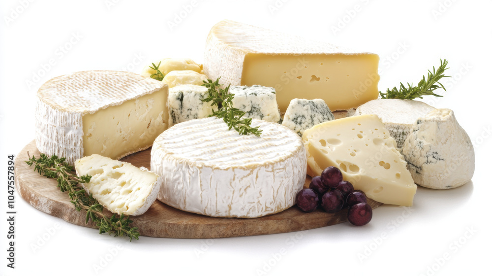 Delight in variety of cheeses displayed on wooden board, featuring soft, hard, and blue cheeses, complemented by fresh herbs and grapes. Perfect for any cheese lover! Delight in variety of cheeses displayed on wooden board, featuring soft, hard, and blue cheeses, complemented by fresh herbs and grapes. Perfect for any cheese lover!