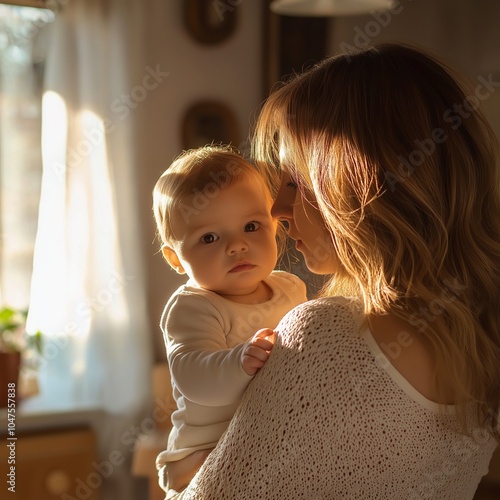 A mother gently holds her baby in warm natural light, indoors. Love and warmth. Homey and peaceful setting captured. photo