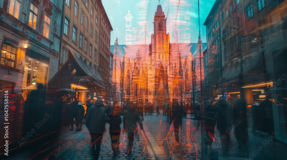 Fototapeta premium Vibrant sunset hues illuminating a mirrored church facade amidst the bustling energy of a city center, creating a captivating interplay of light and architecture.