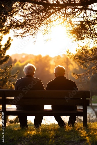 Two elderly individuals seated on a bench under a tree enjoy the peaceful sunset, representing companionship and tranquility. photo