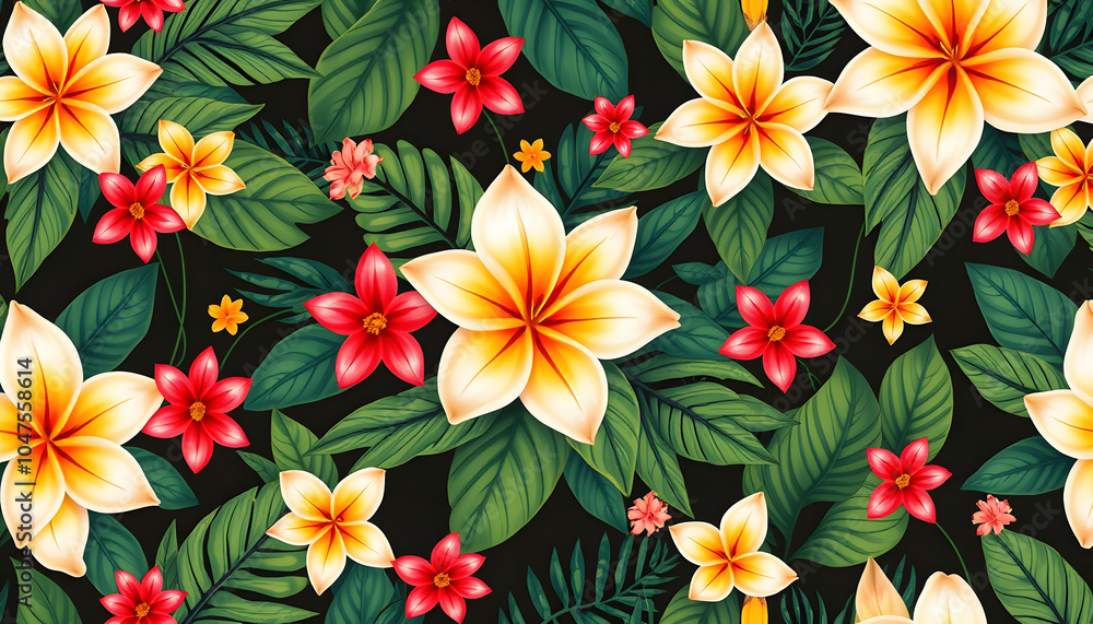 Obraz premium Seamless pattern with Tropical flowers and leaves design. Stylish trendy fashion floral pattern. Floral Texture for fabric isolated with white highlights, png