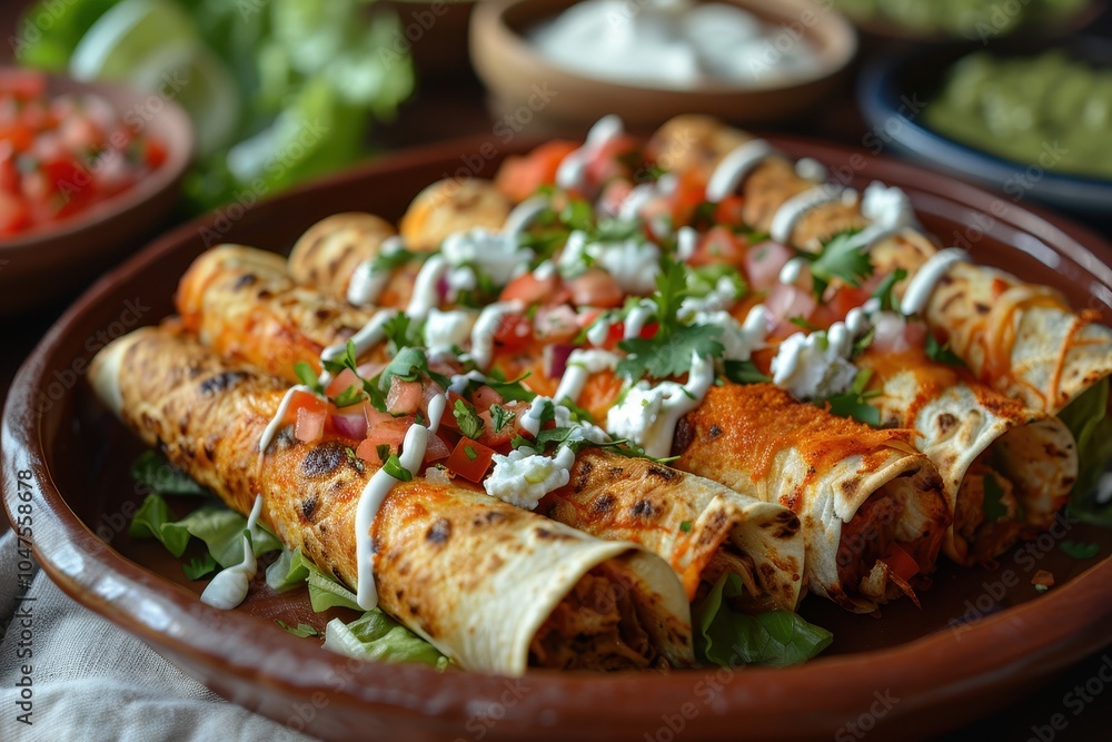 A plate of flautas, crispy rolled tortillas filled with shredded chicken, topped with lettuce, sour cream, queso fresco, and a drizzle of red sauce A plate of flautas, crispy rolled tortillas filled with shredded chicken, topped with lettuce, sour cream, queso fresco, and a drizzle of red sauce