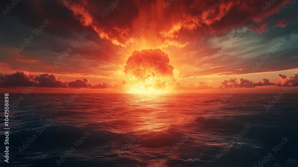 Oceanic Nuclear Blast Sends Glowing Red Clouds into Sky Over Horizon Oceanic Nuclear Blast Sends Glowing Red Clouds into Sky Over Horizon