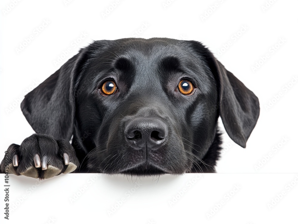 Dog Looking Down: Black Purebred Dog with Loyal Eyes Leaning on Panel, Isolated on White Background Dog Looking Down: Black Purebred Dog with Loyal Eyes Leaning on Panel, Isolated on White Background