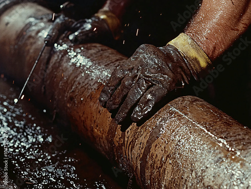 Hands Welding a Large Metal Pipe in an Industrial Setting with Sparks Flying, Heavy Gloves, and Blue-Orange Lighting photo