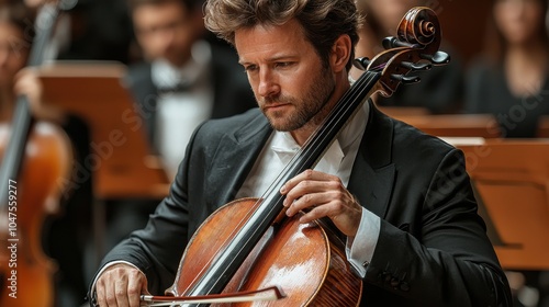 A skilled cellist performs passionately during a classical music concert in an elegant concert hall