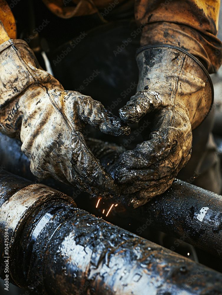 Hands Welding a Large Metal Pipe in an Industrial Setting with Sparks Flying, Heavy Gloves, and Blue-Orange Lighting Hands Welding a Large Metal Pipe in an Industrial Setting with Sparks Flying, Heavy Gloves, and Blue-Orange Lighting