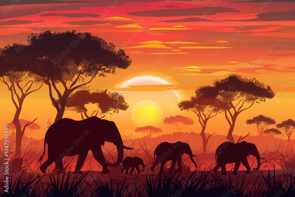Elephants stroll in a family group through the savanna, framed by a stunning sunset that paints the sky in warm hues. Generative AI Elephants stroll in a family group through the savanna, framed by a stunning sunset that paints the sky in warm hues. Generative AI