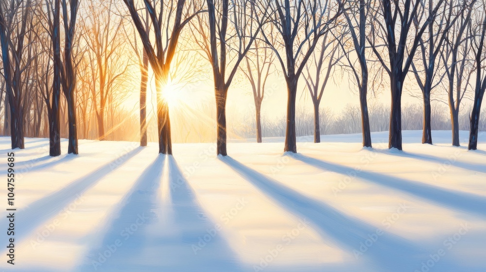 Frosty Morning with Snow Covered Field and Golden Sunlight Frosty Morning with Snow Covered Field and Golden Sunlight