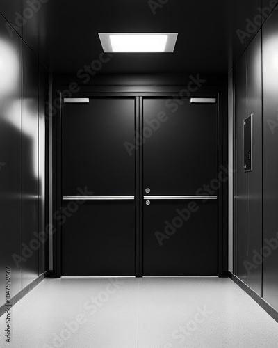 Double Swing Fire-Resistant Doors in a Black Aluminium Corridor