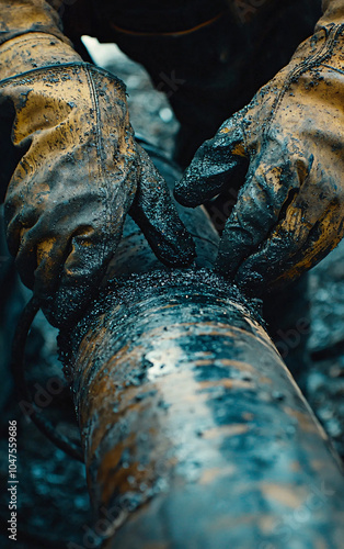 Hands Welding a Large Metal Pipe in an Industrial Setting with Sparks Flying, Heavy Gloves, and Blue-Orange Lighting photo