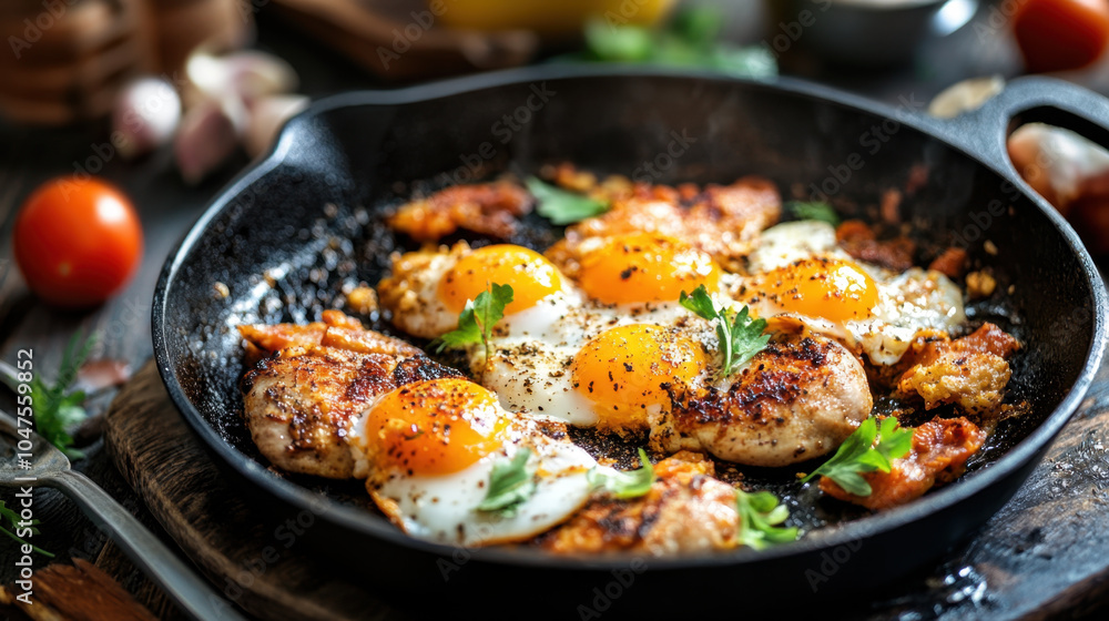 Delicious chicken with eggs cooked in cast iron skillet, garnished with fresh herbs and spices, creating mouthwatering dish perfect for any meal Delicious chicken with eggs cooked in cast iron skillet, garnished with fresh herbs and spices, creating mouthwatering dish perfect for any meal