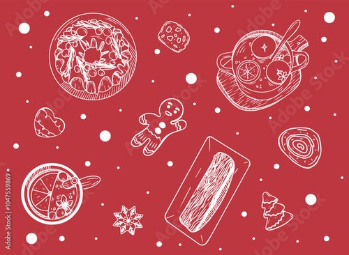 Christmas set with Christmas drinks, cupcakes and cookies in hand-drawn style. Set design of Christmas classic cupcake, chocolate log, gingerbread and drinks in different dishes.