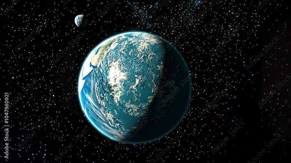 A blue planet hangs in space, surrounded by countless stars, a smaller, gray moon to the left A blue planet hangs in space, surrounded by countless stars, a smaller, gray moon to the left