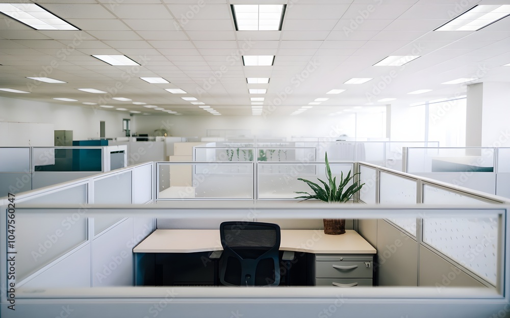 Fototapeta premium Empty office cubicle with chair. Workplace and corporate environment