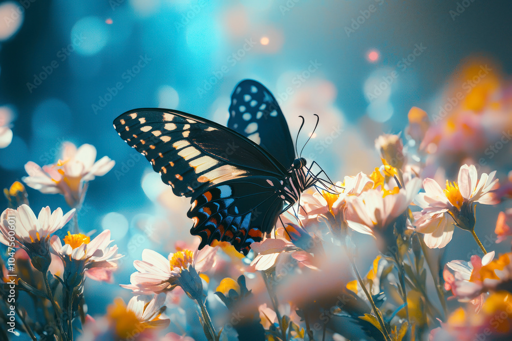 Image of butterfly on colorful flowers. Image of butterfly on colorful flowers.