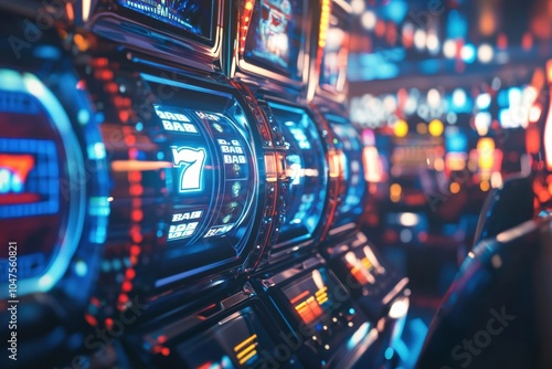 Bright lights illuminate a row of advanced slot machines as the reels spin, showcasing a central jackpot symbol in a lively gaming space. Generative AI