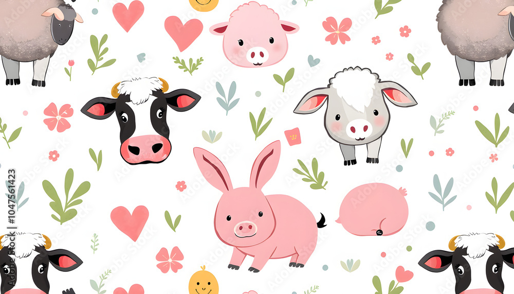 Seamless pattern with farm (domestic) animal - cow, sheep, pig and rabbit on white background. Cute print with colored graphic elements for textile, fabric, wrapping paper, scrapbooking, web design Seamless pattern with farm (domestic) animal - cow, sheep, pig and rabbit on white background. Cute print with colored graphic elements for textile, fabric, wrapping paper, scrapbooking, web design