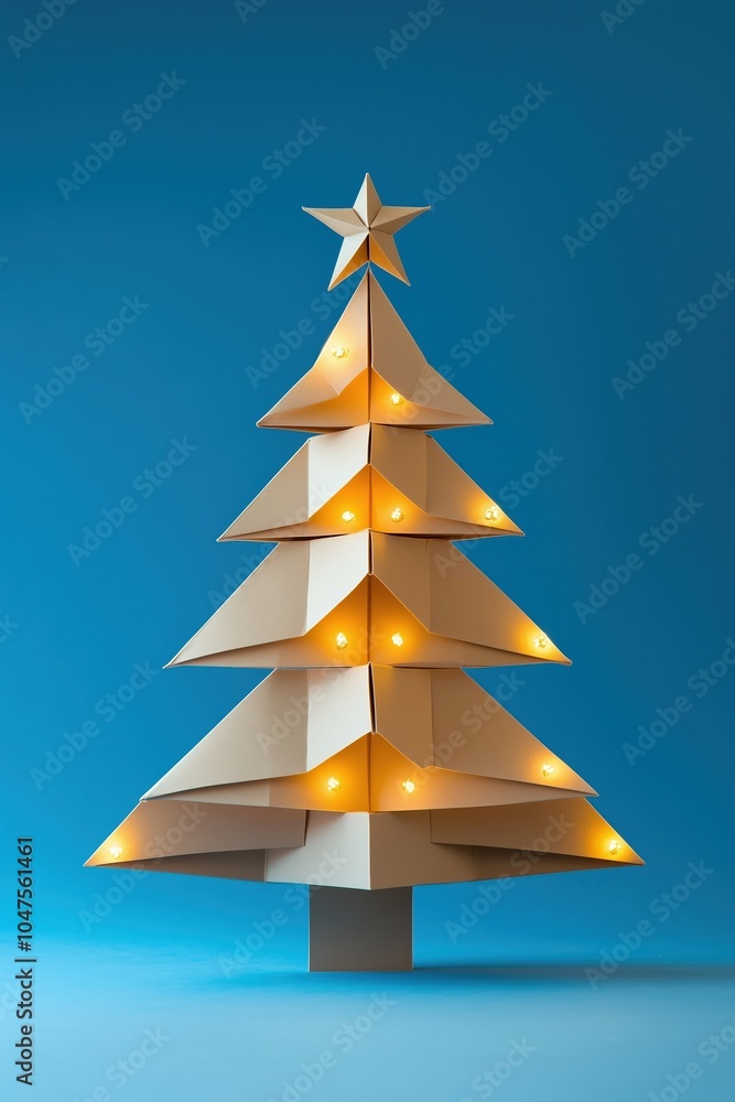 A paper tree with a star on top and lights on the branches A paper tree with a star on top and lights on the branches
