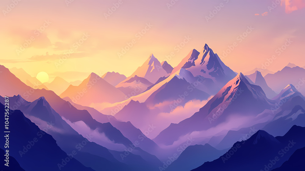 A breathtaking mountain landscape at sunrise, with mist rising from the valleys and the first light of dawn illuminating the snow-capped peaks. Snow-Capped Peaks. Illustration A breathtaking mountain landscape at sunrise, with mist rising from the valleys and the first light of dawn illuminating the snow-capped peaks. Snow-Capped Peaks. Illustration