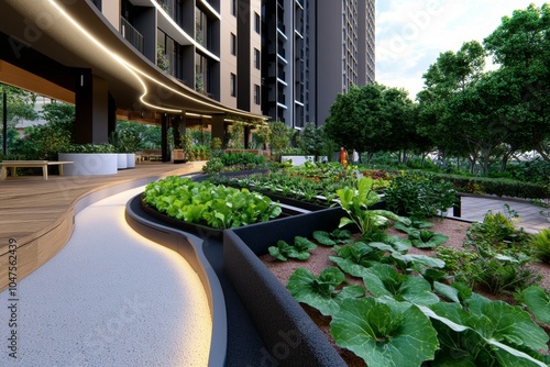 A rooftop garden with vegetable planters, benches, and a communal seating area in a sustainable apartment complex, capturing the eco-friendly amenities provided for residents, symbolizing sustainabili photo