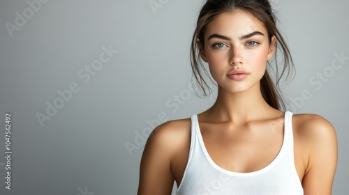 Beautiful woman in white t-shirt Women's breasts dark light background