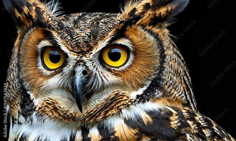 Close-Up of Owl on Black Background, 4K Cinematic Footage. Close-Up of Owl on Black Background, 4K Cinematic Footage.