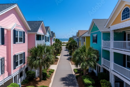 A street in a coastal neighborhood with pastel-colored houses, palm trees, and a view of the ocean in the distance, capturing the laid-back, breezy vibe of seaside living