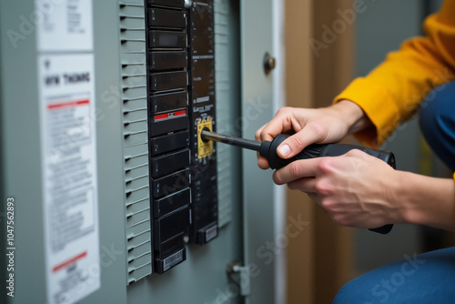 electrician uses screwdriver install circuit breaker power panel