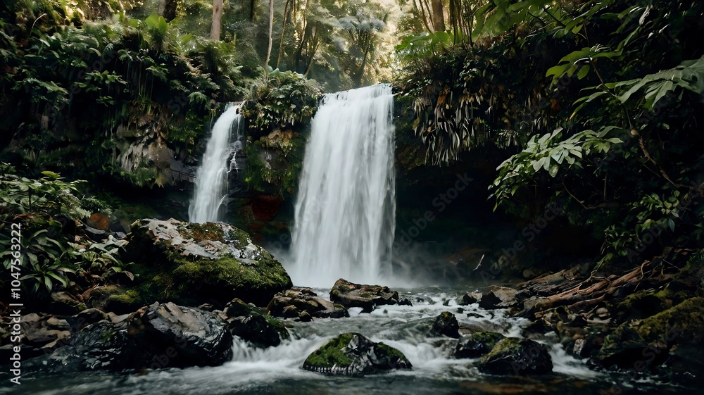 Fototapeta premium Hidden waterfall in the forest, with soft light and tranquil atmosphere, 16:9 proportion. Great for inspiring content, wallpapers, and screen savers. Created in Leonardo AI.