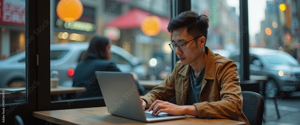 Young man working on laptop in a cafe, concept of modern lifestyle and remote work. Young man working on laptop in a cafe, concept of modern lifestyle and remote work.