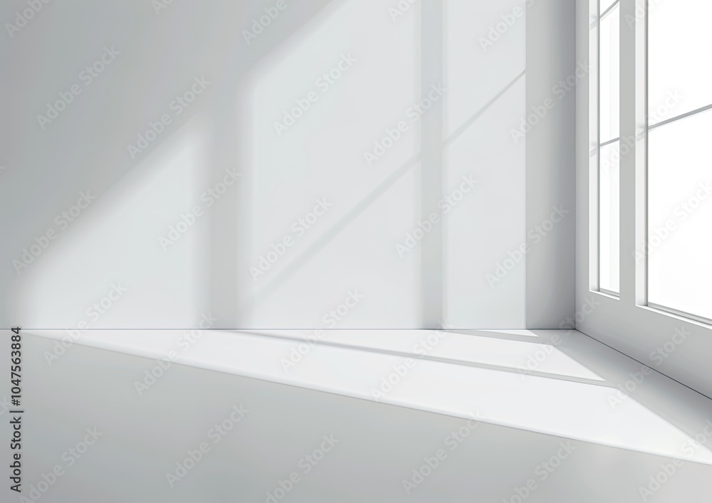 A bright white room featuring a window and a distinct shadow on the floor A bright white room featuring a window and a distinct shadow on the floor
