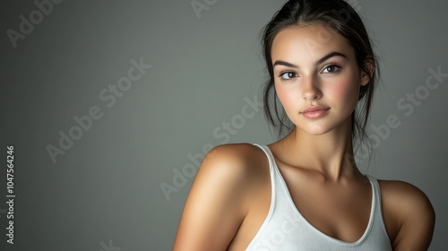 Beautiful woman in white t-shirt Women's breasts dark light background