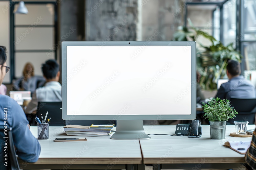 Empty white monitor screen in a sleek, futuristic office, perfect for custom designs Empty white monitor screen in a sleek, futuristic office, perfect for custom designs
