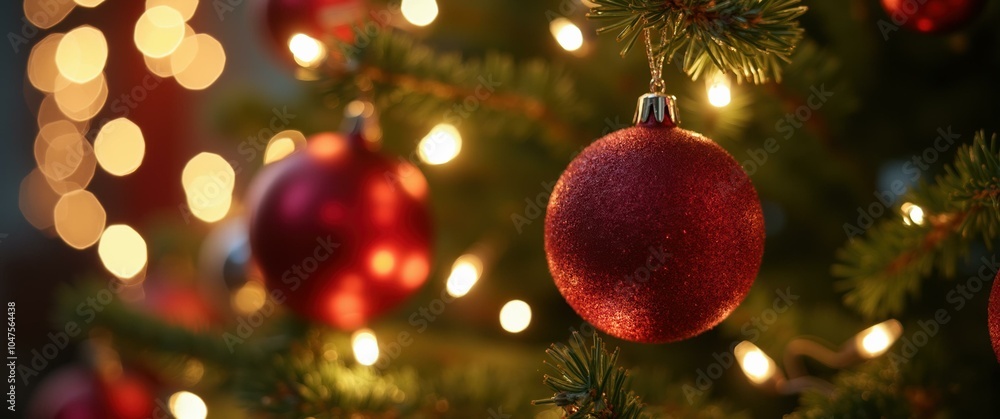 Close-up of Red Christmas Ornament Hanging on a Christmas Tree with Warm Lights, Festive Holiday Decoration Concept. Close-up of Red Christmas Ornament Hanging on a Christmas Tree with Warm Lights, Festive Holiday Decoration Concept.
