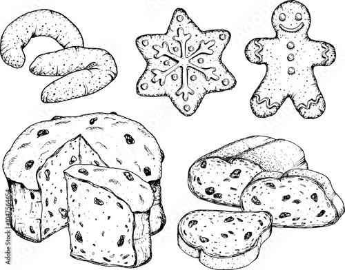 Vector hand drawn ink illustration set of traditional Christmas European pastries: panettone, vanillekipferl, gingerbread man, glazed cookies, stollen. Italian, german, austrian holiday cakes. 2025