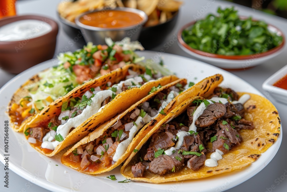 A plate of gorditas, thick corn tortillas stuffed with cheese, meat, and beans, topped with lettuce, crema, and salsa A plate of gorditas, thick corn tortillas stuffed with cheese, meat, and beans, topped with lettuce, crema, and salsa